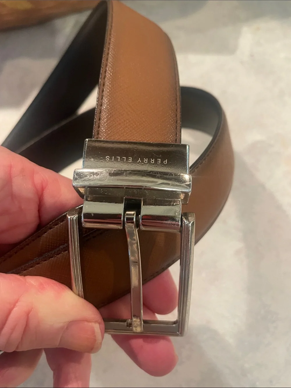 Perry Ellis Bonded Leather Reversible Belt with Silver Buckle